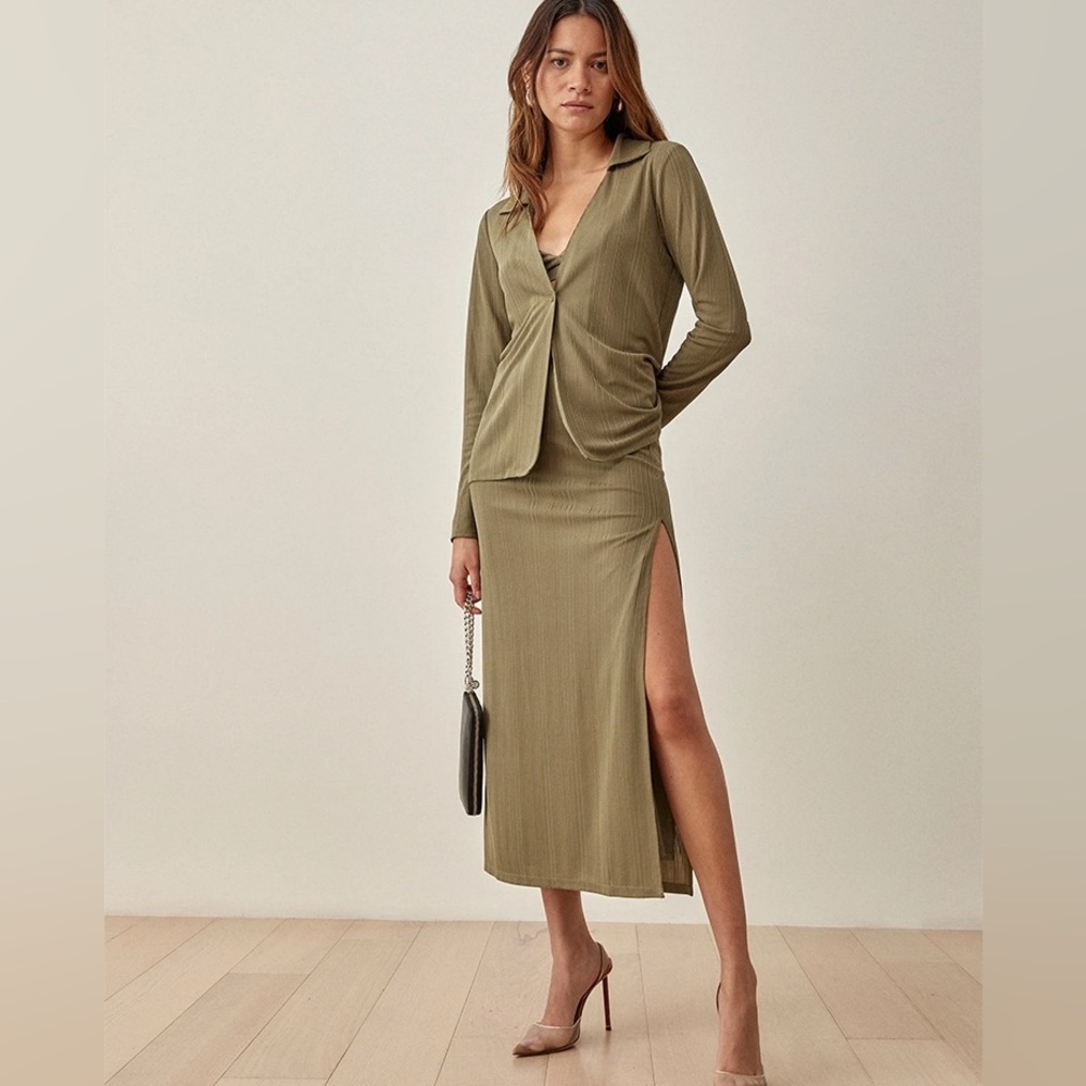 Reformation Olive Green Ribbed Midi Skirt with Side Slit, bra top and jacket